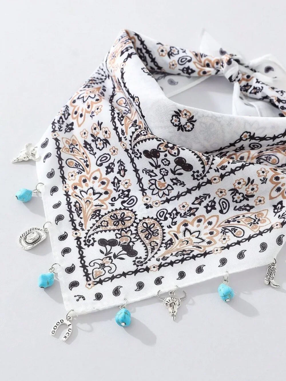 🤍 Western Paisley Cowgirl Charm Bandana 🐂 Turquoise Horseshoe Scarf